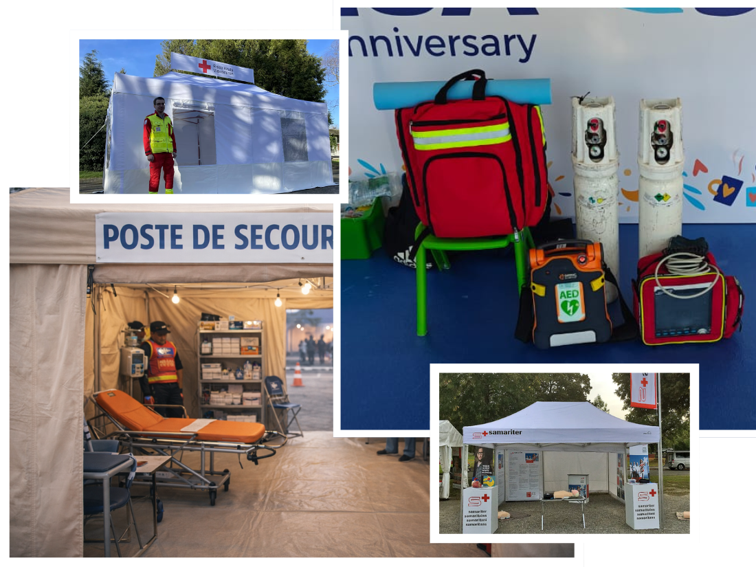 Poste de secours événementiel au Maroc : tente médicale équipée et matériel de premiers secours